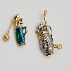 Vintage Enamel Rhinestone Golf Bag Brooch Pin Set 2pc Country Club Golfer Gift